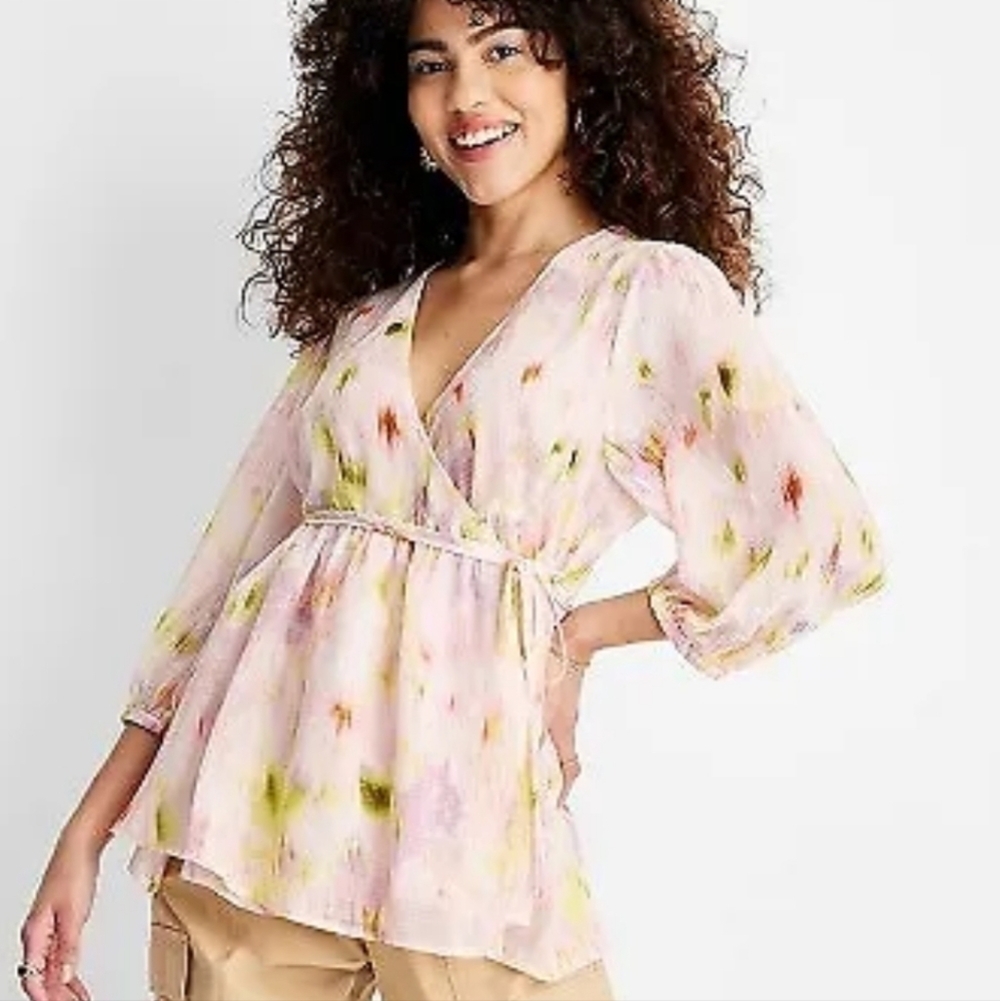 NEW Future Collective Women's Floral Print 3/4 Sleeve V-Neck Wrap Top Sz L $30